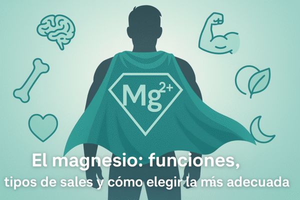 Silueta de una persona de espaldas con una capa turquesa y el símbolo Mg²⁺, rodeada de iconos que representan las funciones del magnesio en el cuerpo.