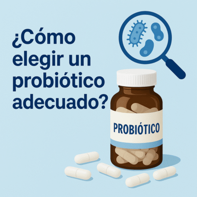 Guía farmacéutica sobre cómo elegir un probiótico adecuado según la evidencia científica, con frasco de cápsulas y lupa con bacterias.