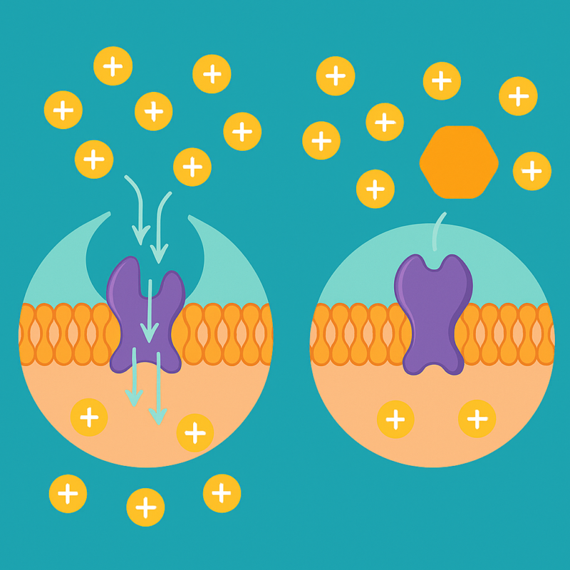 Ilustración de la bomba de protones gástrica en funcionamiento normal y bloqueada por un inhibidor de la bomba de protones, mostrando la reducción de la secreción ácida.