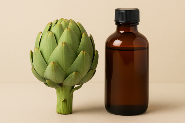 Extracto natural de alcachofa: representación visual de una alcachofa entera junto a un frasco farmacéutico ámbar que simboliza su forma estandarizada en suplemento