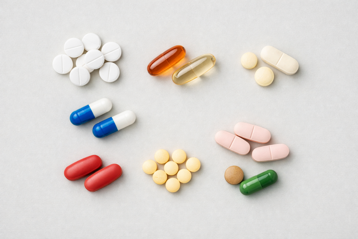 Comprimidos y cápsulas genéricas de antiinflamatorios no esteroideos sobre fondo neutro, representando el uso racional y seguro de los AINEs en el tratamiento del dolor y la inflamación.