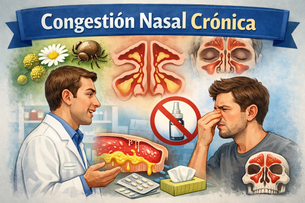 Ilustración sanitaria sobre congestión nasal crónica que muestra la inflamación de la mucosa nasal, causas frecuentes y el abordaje desde la farmacia comunitaria.
