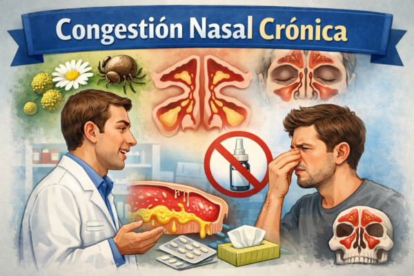 Ilustración sanitaria sobre congestión nasal crónica que muestra la inflamación de la mucosa nasal, causas frecuentes y el abordaje desde la farmacia comunitaria.