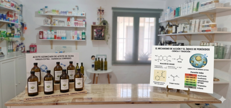 Estantería de Farmacia Confrides con frascos de aceite ozonizado de oliva virgen extra y un panel informativo sobre la reacción de Criegee y el índice de peróxidos para la salud de la piel.