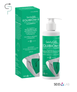 Caja y bote dosificador de SeidyGEL EQUIBIOM-8 de SEID LAB, gel para la higiene y cuidado íntimo con prebióticos, pH 8 alcalino para la menopausia.