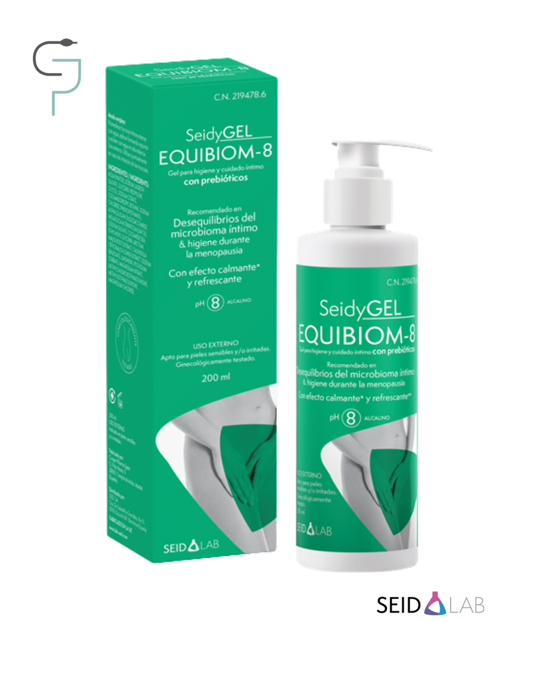 Caja y bote dosificador de SeidyGEL EQUIBIOM-8 de SEID LAB, gel para la higiene y cuidado íntimo con prebióticos, pH 8 alcalino para la menopausia.
