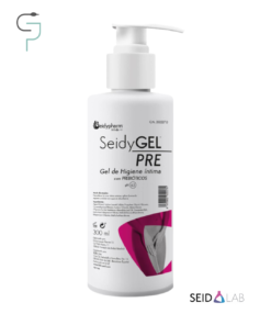 Envase de SeidyGEL PRE, gel de higiene íntima con prebióticos y pH 4.5 de Laboratorios SEID, botella de 300 ml con dosificador.
