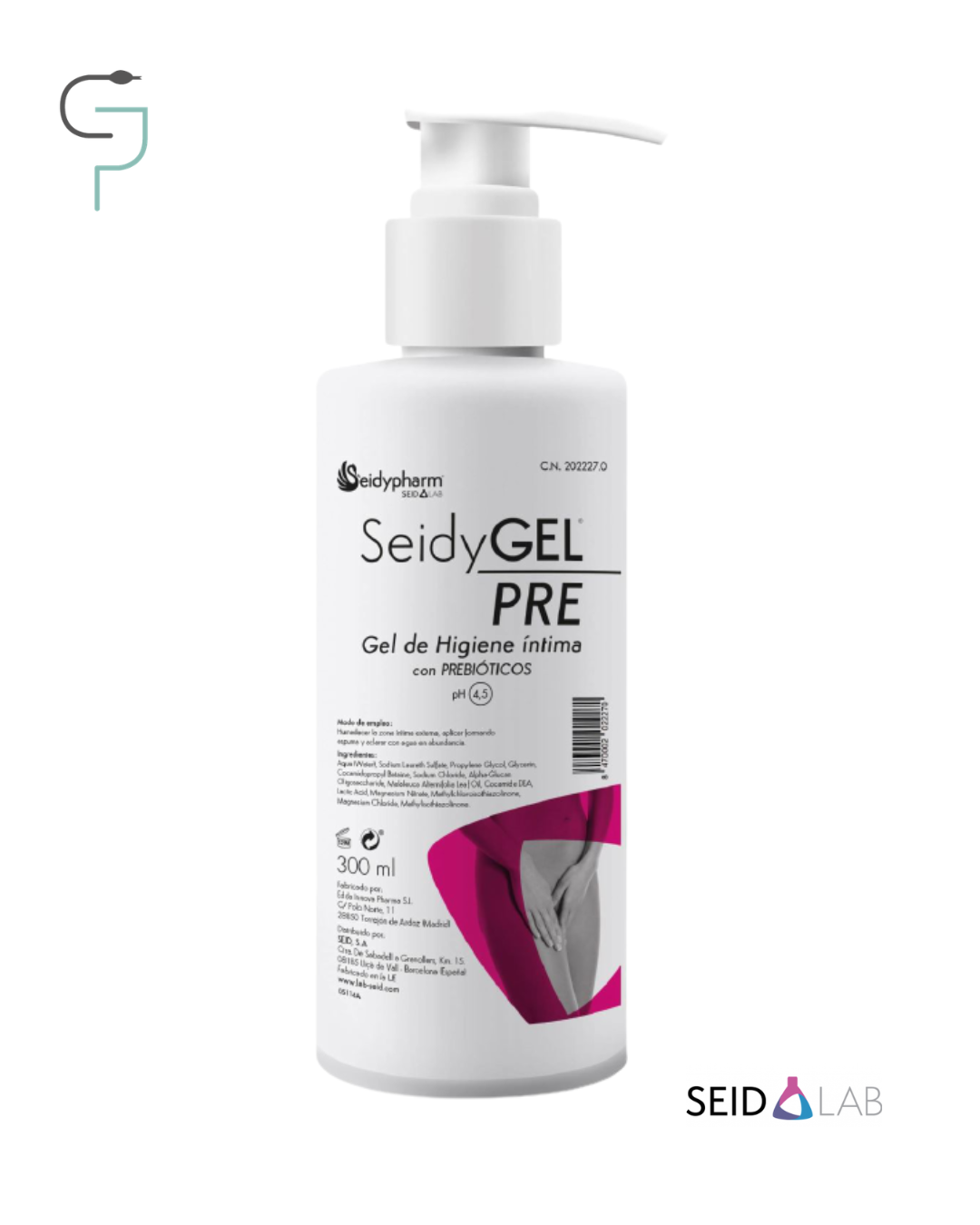 Envase de SeidyGEL PRE, gel de higiene íntima con prebióticos y pH 4.5 de Laboratorios SEID, botella de 300 ml con dosificador.