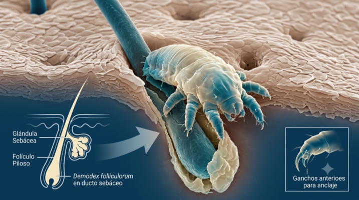 Micrografía electrónica de un ácaro Demodex folliculorum emergiendo de un folículo piloso humano junto a un esquema anatómico de la glándula sebácea